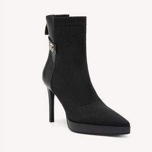 Pointed Knit Platform Ankle Bootie with Logo Accent - Black
